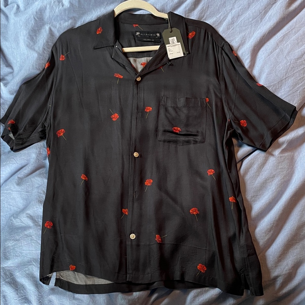 All Saints Black Shirt with Red Floral Design